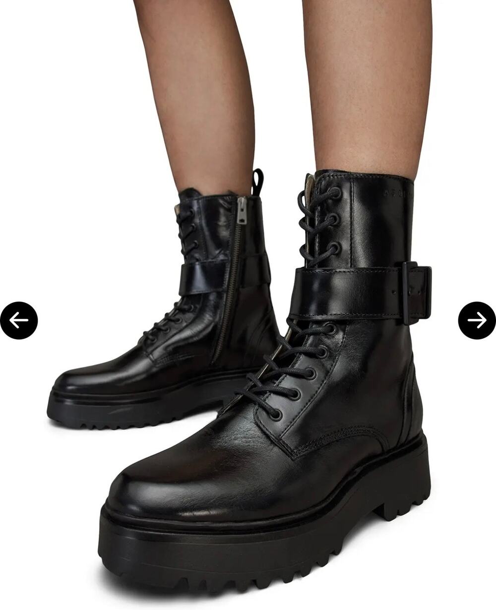 Allsaints Black Onyx Combat Lug Sole Lace Up Buckled Boots Size 8